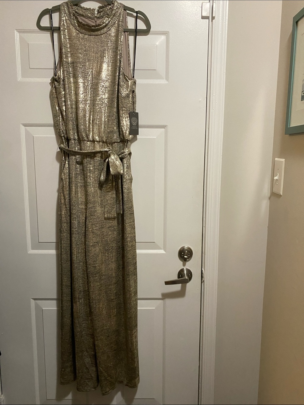 Vince Camuto Shimmery Gold Metallic Jumpsuit with Waist Tie